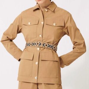 Maje Belted bead-embellished camel cotton blend gabardine jacket